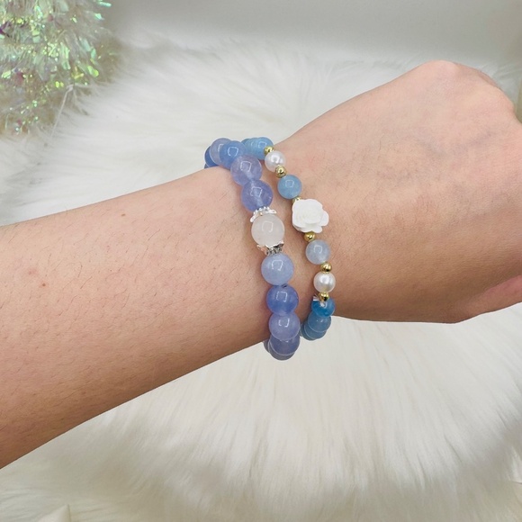 2 Piece New Natural Aquamarine Stone Beaded Bracelets. One with Camellia Charm 6 - Picture 2 of 6
